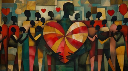 United hearts amidst abstract shapes: vintage-styled poster of unity and diversity