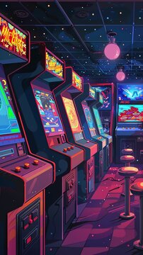 Create an 80s retro arcade game room. Make it colorful and vibrant. Include classic arcade games like Pac-Man, Galaga, and Space Invaders.