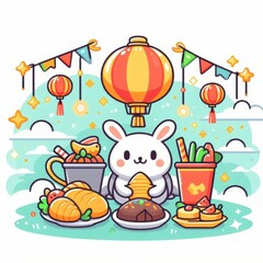 Obraz premium A cartoon rabbit is sitting in front of a table full of food