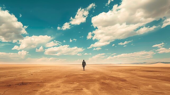 The image shows a lonely man walking through a vast desert landscape. The sky is blue, and there are clouds in the distance.