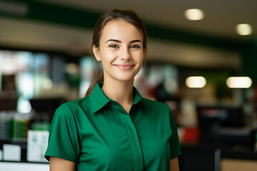 Obraz premium Friendly experienced supermarket store department worker professional at workplace Generative AI illustration