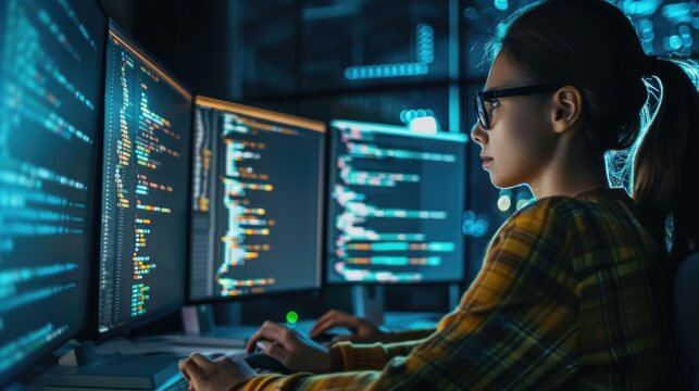 A female programmer works on a code in a dark room. AIG51A.
