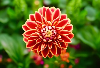 AI generated illustration of a yellow and red Dahlia pinnata flower surrounded by green foliage