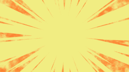 Orange radial halftone comic book style action line isolated on a yellow background. Speed abstract explosive polka, fast boom zoom, manga comics action design frame. Vector illustration