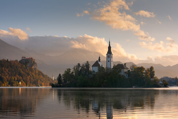 Sunrise landscape of famous alpine Bled lake (Blejsko jezero) in Slovenia