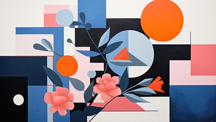Obraz premium Dynamic Bloom: Colorful Abstract Artwork Featuring a Vibrant Flower Amidst Bright Circles and Lines