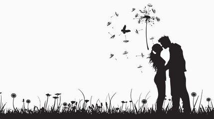 Black silhouette couple dandelion and fly petals vector