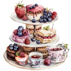 A white cake stand with three tiers of desserts and a cup of tea