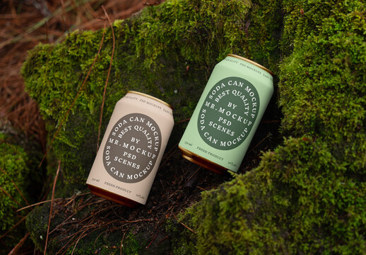 Cans Laying on Forest Moss Mockup