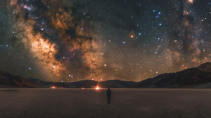The image is a beautiful landscape photograph of a starry night sky over a desert. The sky is filled with stars and the desert is dark and mysterious.