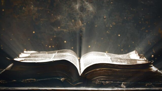  Animation of an open old book with rays of light and particles