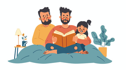 Father and kids reading fairytales in bed. Happy