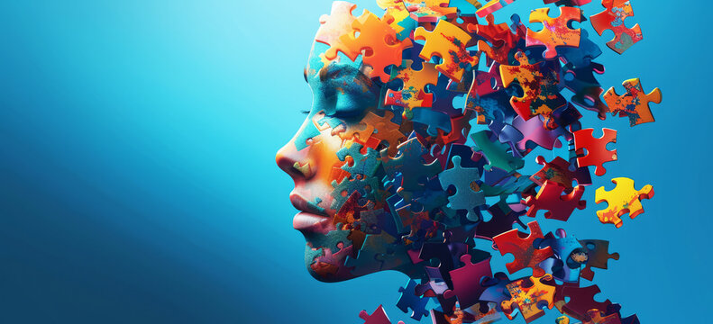 World Autism Awareness Day banner, portrait of a  woman face and multicolored color puzzle	