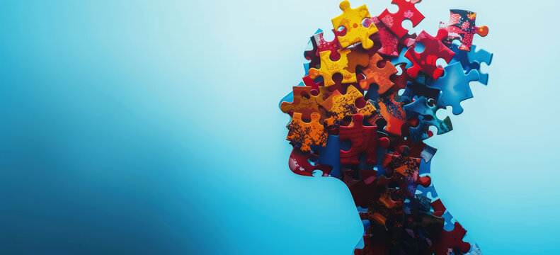 World Autism Awareness Day banner, portrait of a  woman face and multicolored color puzzle	