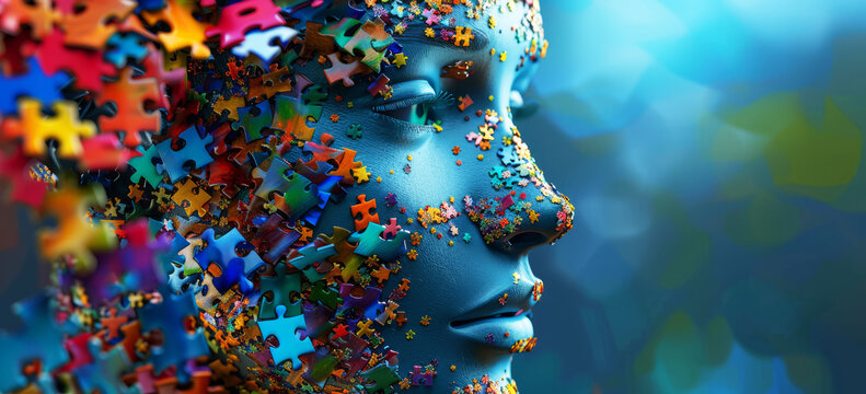 World Autism Awareness Day banner, portrait of a  woman face and multicolored color puzzle	