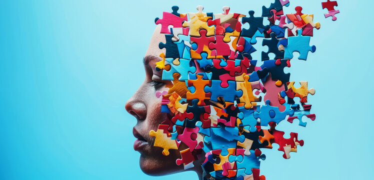 World Autism Awareness Day banner, portrait of a  woman face and multicolored color puzzle	