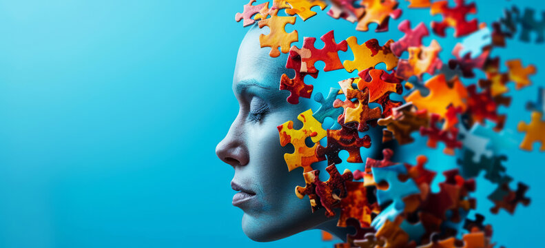 World Autism Awareness Day banner, portrait of a  woman face and multicolored color puzzle	
