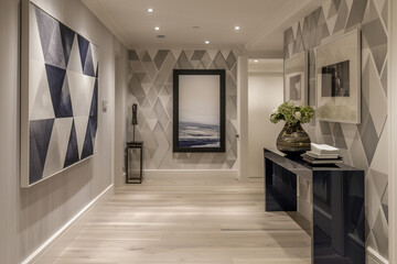 Stylish hallway with geometric wallpaper, a high gloss navy console table, and minimalist art pieces.