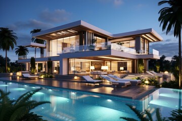 Fototapeta premium Elegant, contemporary villa illuminated at dusk with pool and terrace