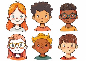 Diverse Group of Cartoon Kids Faces Smiling with Different Hairstyles