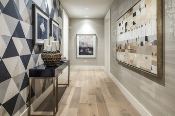 Stylish hallway with geometric wallpaper, a high gloss navy console table, and minimalist art pieces.