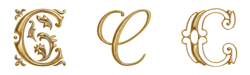 Letter C ornate golden decorative drop cap initials isolated on transparent background. 3D rendering