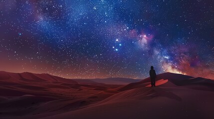 The image is a beautiful landscape of a desert at night. The sky is full of stars and the sand dunes are a warm, golden color.