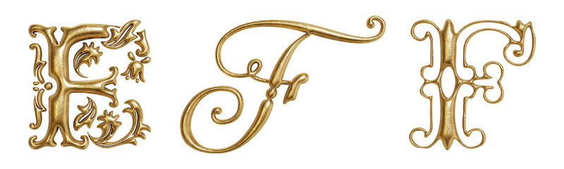 Letter F ornate golden decorative drop cap initials isolated on transparent background. 3D rendering