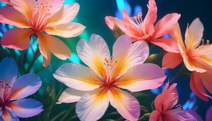 Fototapeta na wymiar Vibrant Orange and Pink Lilies on Soft Blue Background - Beautiful Spring Flowers Close-Up for Inviting Floral Themed Designs and Nature-Inspired Creative Projects