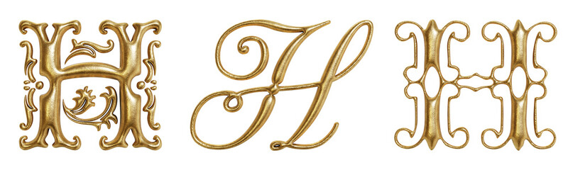 Letter H ornate golden decorative drop cap initials isolated on transparent background. 3D rendering