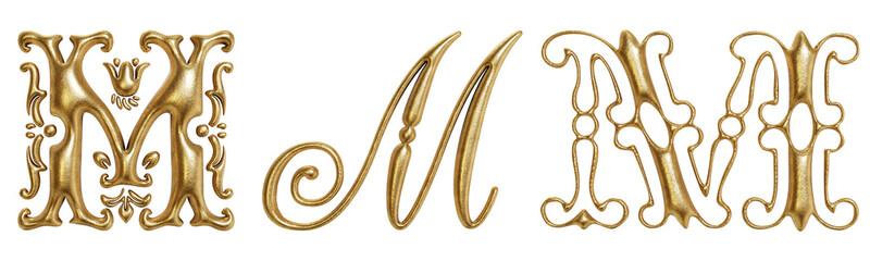 Letter M ornate golden decorative drop cap initials isolated on transparent background. 3D rendering