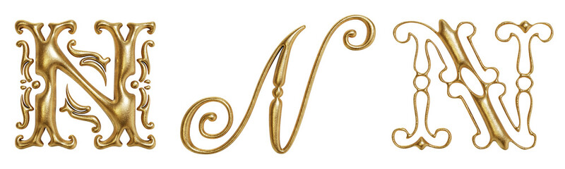 Letter N ornate golden decorative drop cap initials isolated on transparent background. 3D rendering
