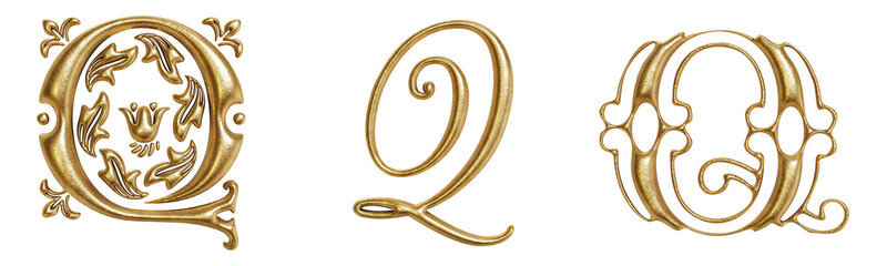 Letter Q ornate golden decorative drop cap initials isolated on transparent background. 3D rendering