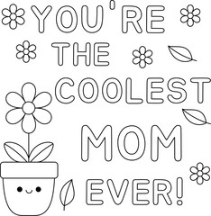 Cute Mother's day coloring pages for kids, outline vector illustration easy to color, black and white activity worksheet