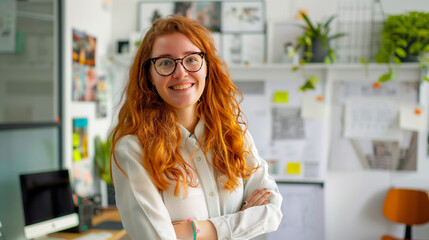 Young Woman in Glasses Standing in Office