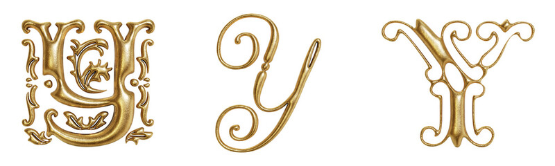 Letter Y ornate golden decorative drop cap initials isolated on transparent background. 3D rendering