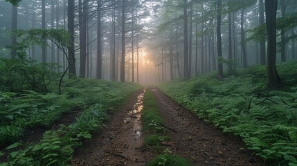 Fototapeta premium Serene Japanese Forest Path at Sunrise, Misty Morning with Lush Green Foliage