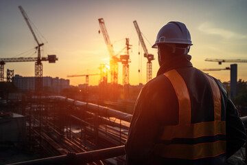 Generative AI picture Portrait of construction worker wearing a protective safety uniform clothes helmet at big building