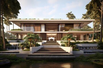 Contemporary luxurious house with lush landscape and water features