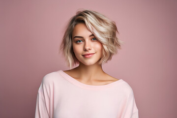 Obraz premium A woman with blonde hair and a pink shirt is smiling