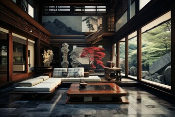 Elegant traditional japanese interior design with tatami floors and serene garden landscape