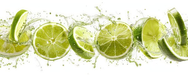 Elevate your brand with a striking visual of rear view isolated flying limes Craft each falling sliced lime fruit with precision