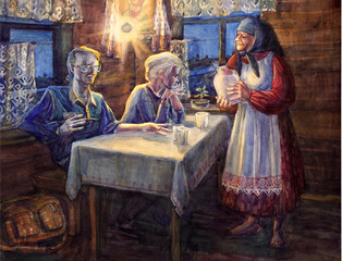 Watercolor painting. Grandmother treats guests with milk