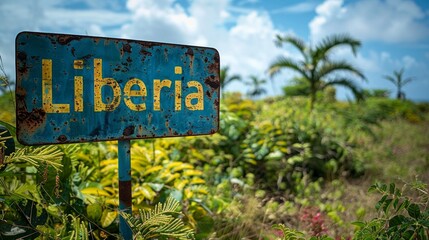 Fototapeta premium Rusty Signpost With 'Liberia' Text in a Lush Tropical Landscape