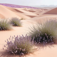 desert background in Najd spring season, with Some beautiful desert grasses and a few lavender blooms