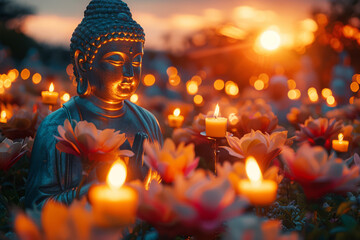 Buddha statue radiates tranquility, encircled by glowing candles and vibrant flowers at sunset