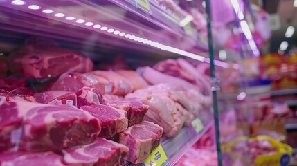 Isolated background close-up of chilled meat on supermarket shelves, advertising-oriented, showcasing freshness and focus