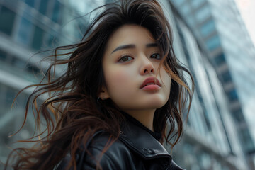 Asian woman posing in black leather jacket in front of tall buildings