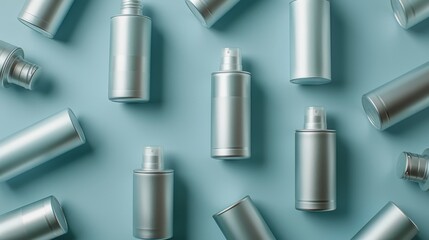 Intimate top view of deodorant sprays, emphasizing alternative aluminum bottles, isolated and highlighted by studio lighting for ads