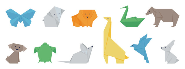 Japanese origami set. Polygonal animals and birds. Isolated paper art characters, giraffe, butterfly, swan and turtle. Handmade decent vector clipart